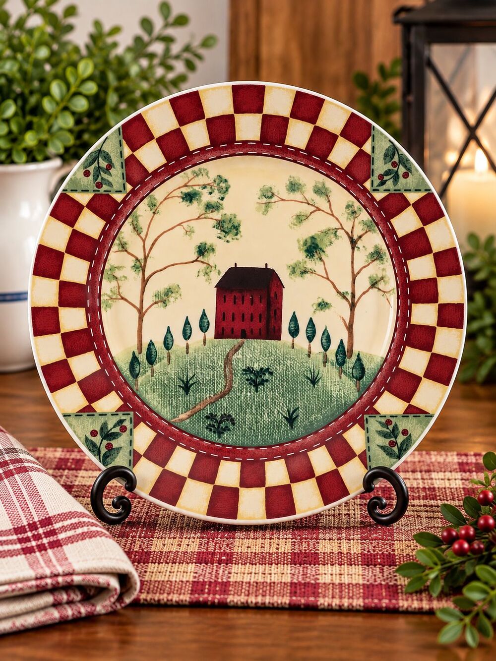 Thomson Pottery Folk Art Dinner Plate 10.5" Red Barn Checkerboard Country 2002